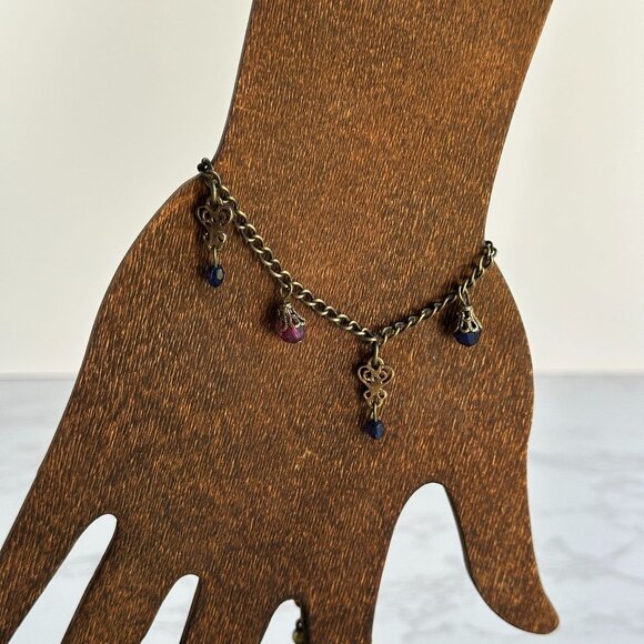 Brass Chain Ankle Bracelet With Red & Blue Glass Dangles Adjustable 7-9 Inches - Picture 6 of 7